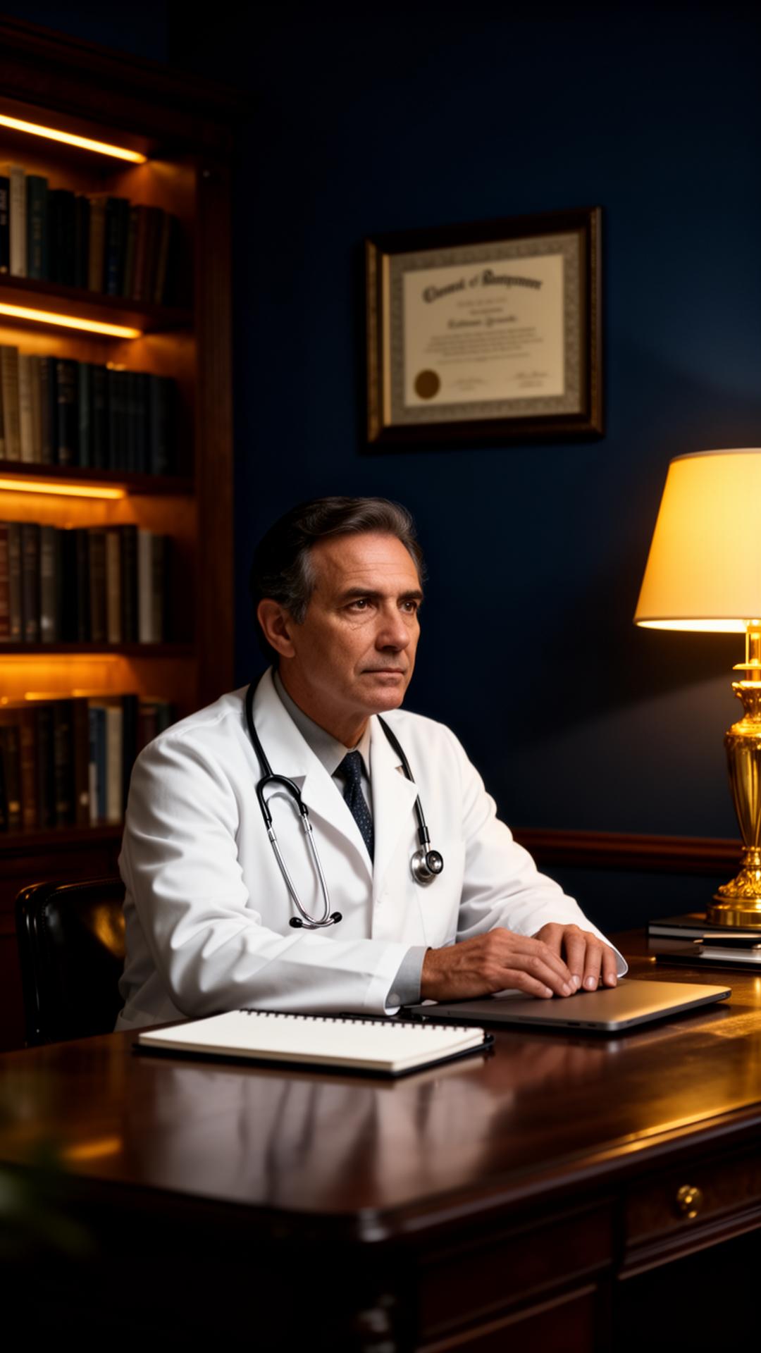 Médico em ambiente sofisticado refletindo sobre proteção financeira